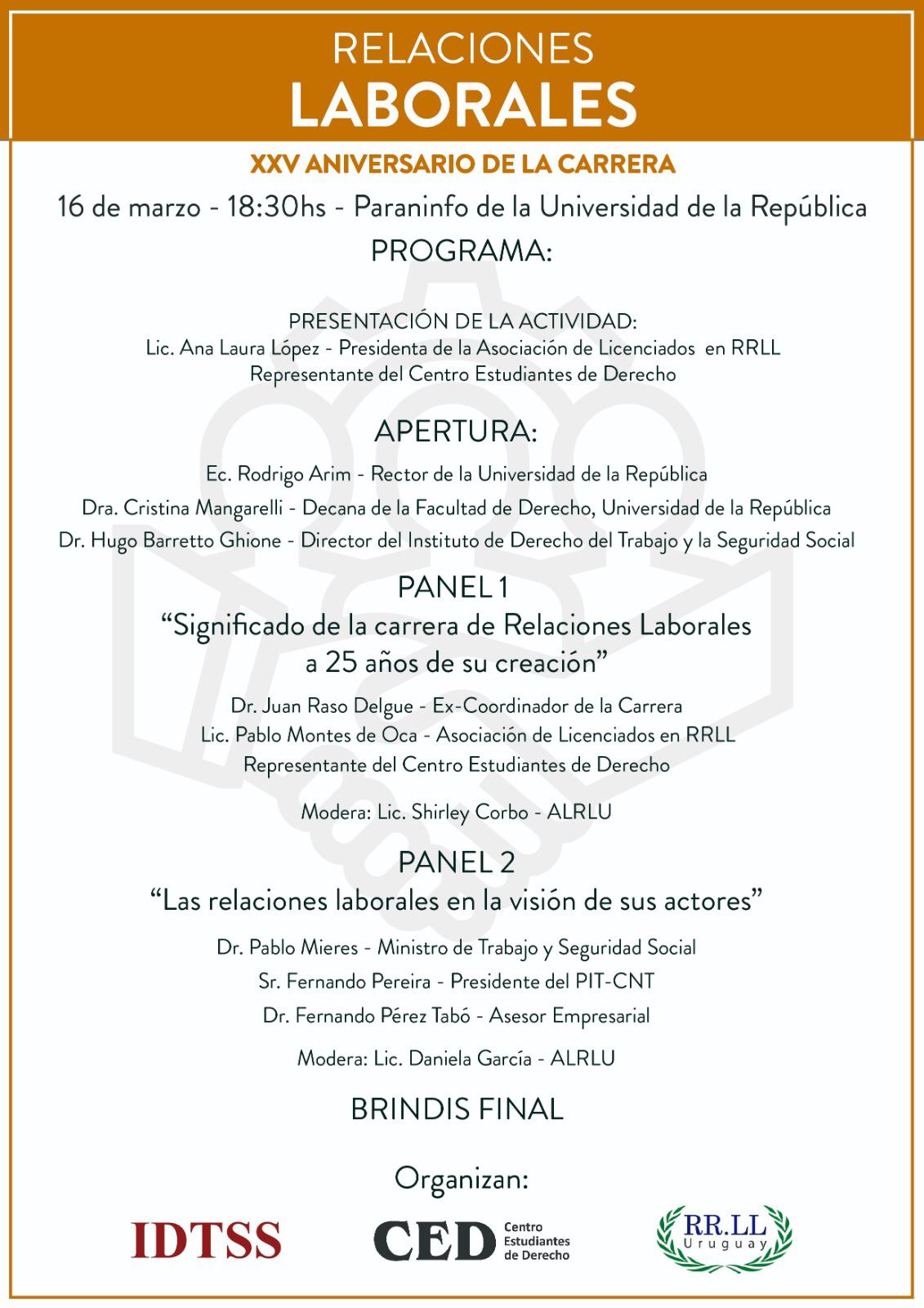 Suspendido hasta nuevo aviso «XXV Aniversario de la Carrera de Relaciones Laborales»